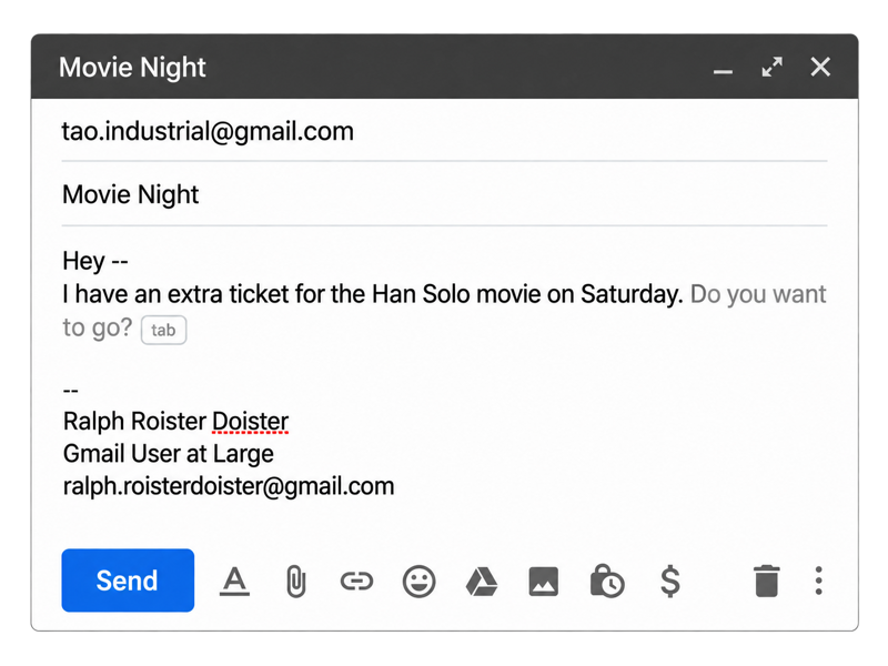 Gmail Smart Compose suggesting “Do you want to go?” at the end of a movie invitation, with a Tab prompt to accept the suggestion.