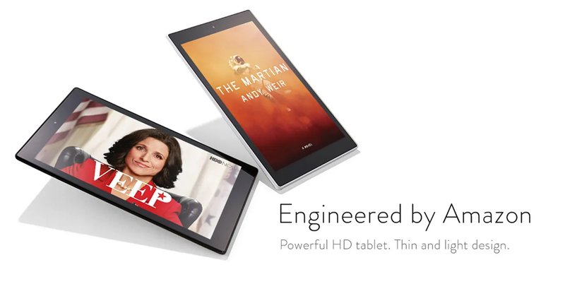 Amazon Fire tablets with “Engineered by Amazon” branding