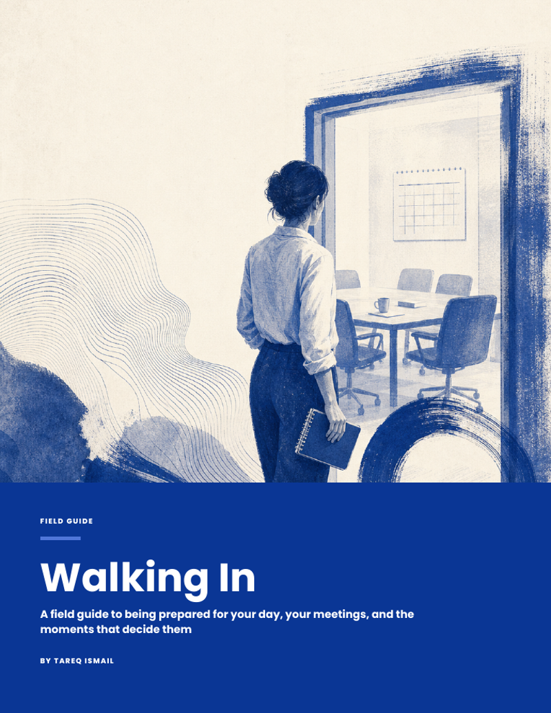 Walking In book cover, with blue illustration of a person entering a meeting room