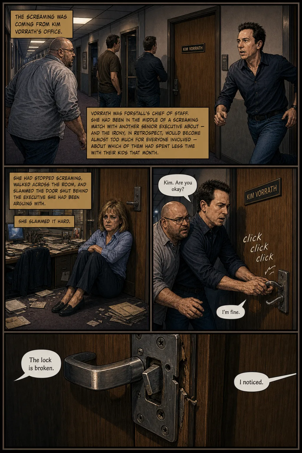Page 14: Tense office confrontation at night