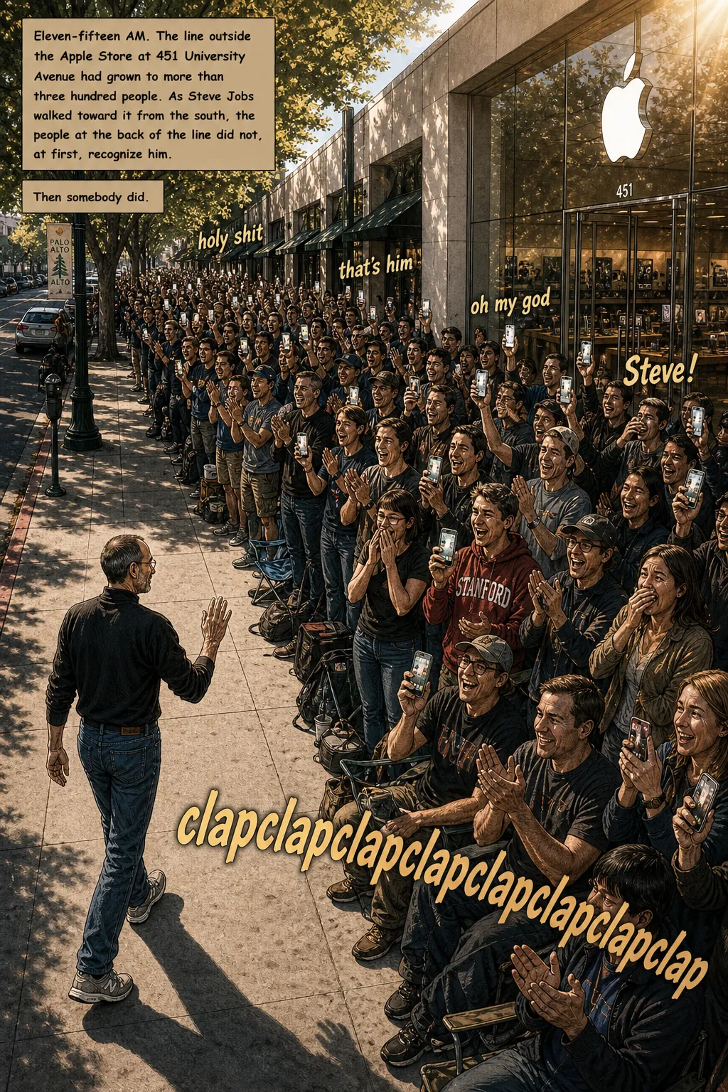 Page 52: Steve jobs walks into a cheering crowd