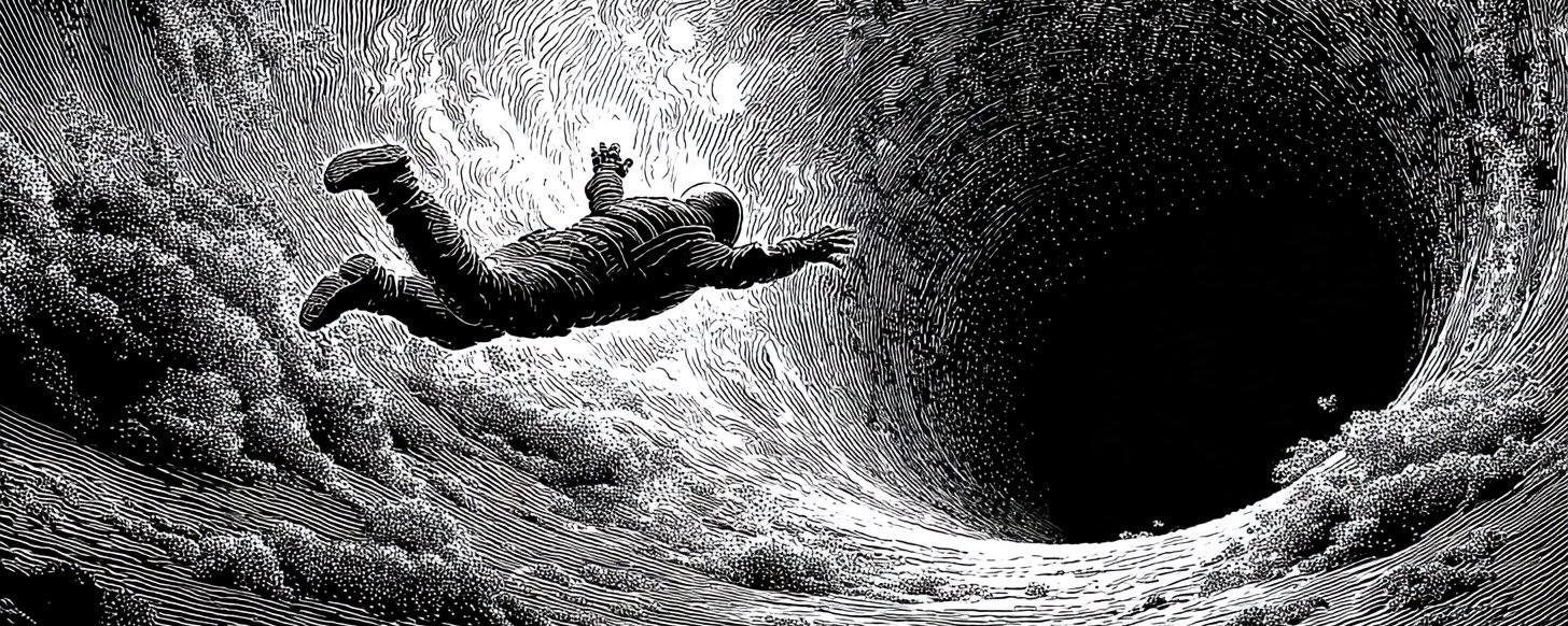 An engraving-style illustration of a man in a jumpsuit falling through swirling clouds toward a dark vortex.